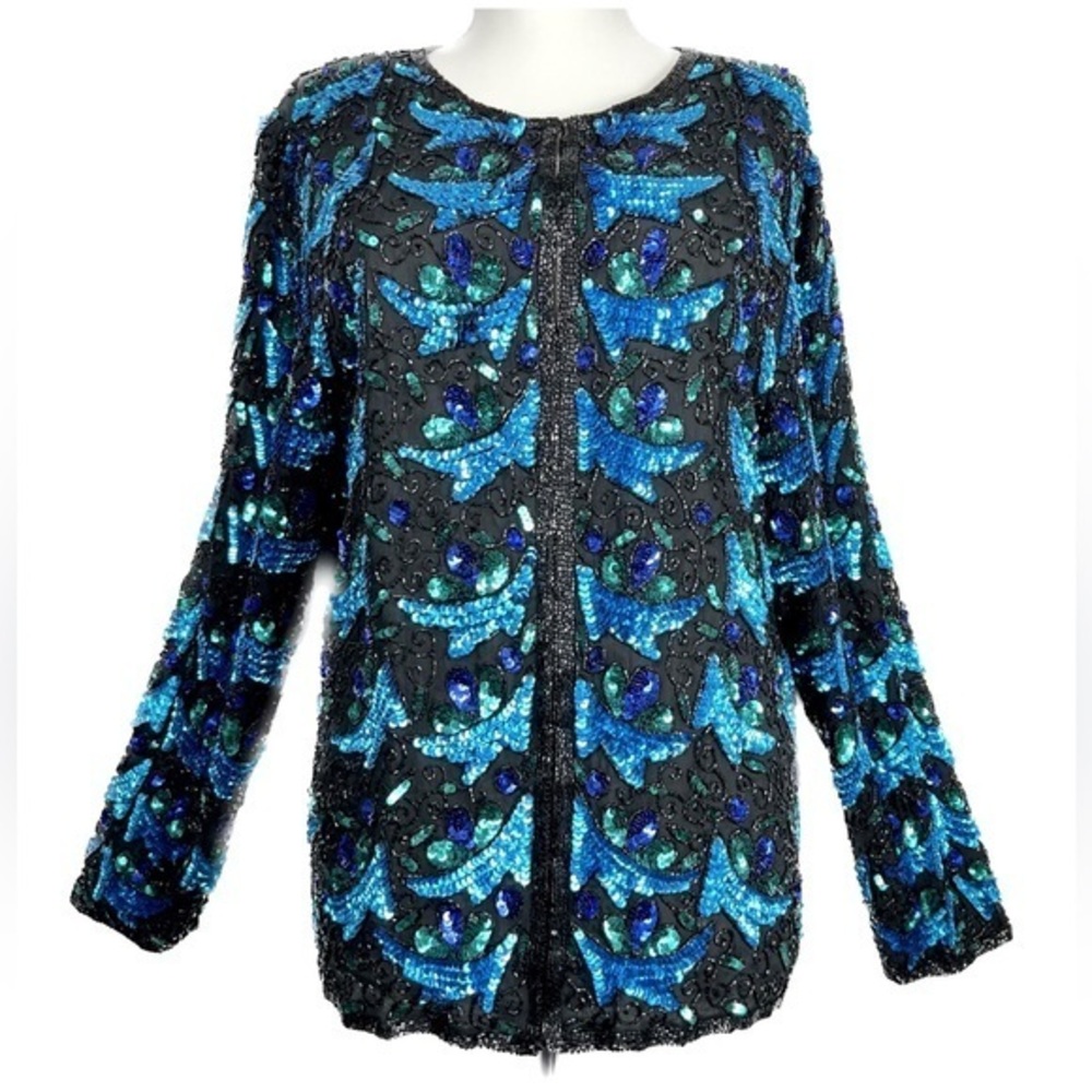 Vintage Laurence Kazar Beaded Sequin Sparkle Evening Jacket Black Blue Green